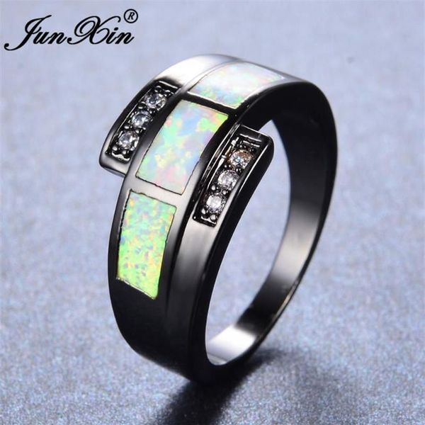 Anneaux de mariage JUNXIN White Fire Opal Ring avec Zircon Vintage Black Gold Rempli Bijoux pour hommes et femmes Cadeau de Noël 239Q