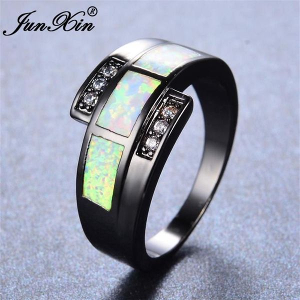 Anneaux de mariage JUNXIN White Fire Opal Ring avec Zircon Vintage Black Gold Rempli Bijoux pour hommes et femmes Cadeau de Noël 270B