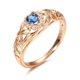Anneaux de mariage Kinel bleu naturel Zircon 585 bague en or Rose creux cristal fleur ethnique mariée pour femmes Vintage bijoux fins 231201