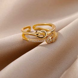 Wedding Rings Knot Zirkoonring voor vrouwen Roestvrij staal Goudkleur Open vingerringen Esthetische waterdichte sieraden Accessoires Anillo Mujer