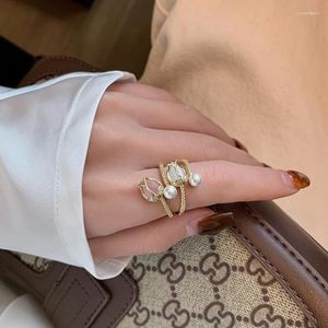 Wedding Rings Koreaanse tulpenbloemimitatie Pearl voor vrouwen Mode Opening Verstelbaar Zirkon 2023 Trendy sieradencadeau