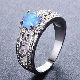 Wedding Rings Lady Luxe Ronde Crystal Engagement Ring Vintage Hollow White Blue Opal Stone Classic Silver Color For Women
