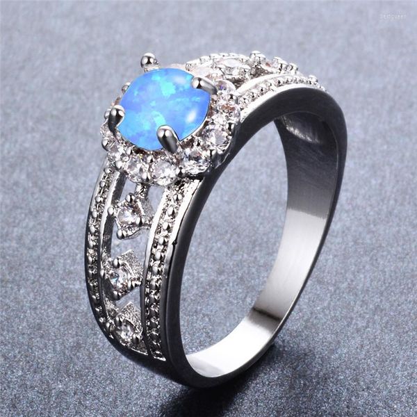 Anneaux de mariage Lady Luxury Round Crystal Engagement Anneau de fiançailles vintage Vintage Blanc Blue Blue Opale Pierre classique Silver Color pour les femmes