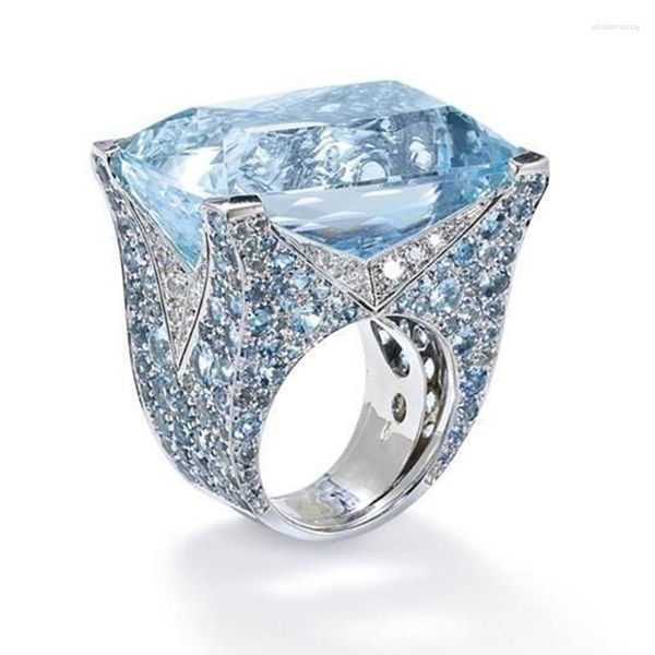 Anillos de boda de piedra de cristal azul grande para mujeres y hombres, anillo de compromiso de Color plateado Vintage, regalo de cumpleaños, joyería de moda al por mayor