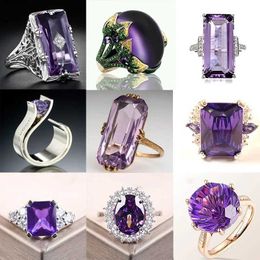Anneaux de mariage Grand anneau de pierre carrée violette argent creux Hollow extérieur géométrique zircon fiançailles femelles bijoux Anel L5N507 Q240514