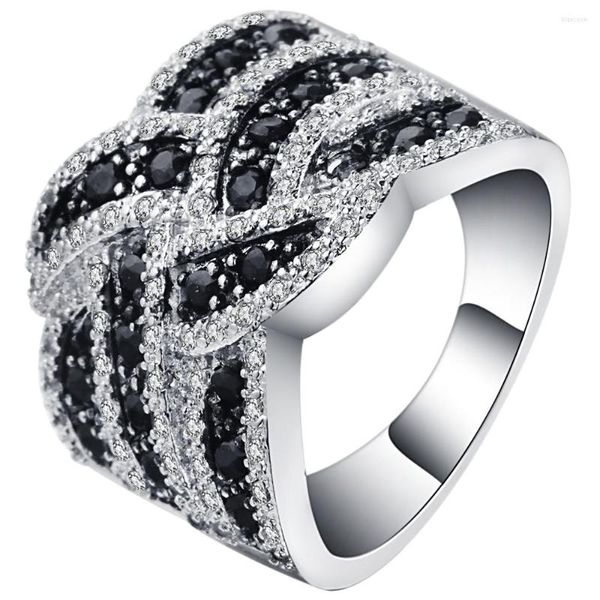Anillos de boda grandes blanco negro circón piedra X letra joyería Color plata Vintage CZ Pave bandas anillo de dedo mujeres diseño Punk