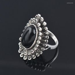 Trouwringen Leeker Vintage Black Oval Opal Big Flower For Women Antieke zilveren kleur retro ring sieraden 176 lk8