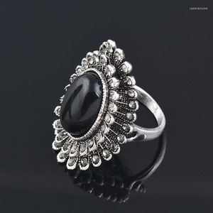 Anneaux de mariage LEEKER Vintage noir ovale opale grande fleur pour les femmes Antique couleur argent rétro anneau bijoux 176 LK8