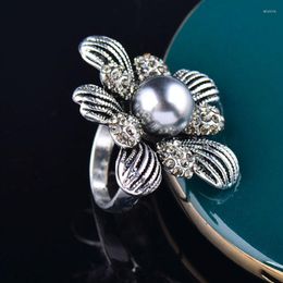 Anillos de boda LEEKER Vintage perla gris flor grande para mujer Color plata antigua mujer Retro declaración joyería ZD1 LK8