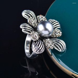 Wedding Rings Leeker Vintage Gray Pearl Big Flower For Women Antique Silver Color Vrouw Retro Statement Sieraden ZD1 LK8