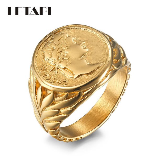 Anneaux de mariage LETAPI Punk Vintage romain césar tête anneaux couleur argent en acier inoxydable pièce Jules césar anneau pour hommes bijoux masculins 230919