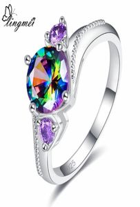 Trouwringen Lingmei prachtige cocktailronde gesneden regenboog zwart paarse kubieke zirkoon mode sieraden zilveren kleur ring maat 691236150