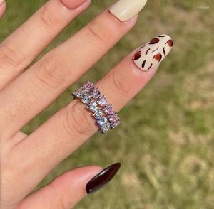 Wedding Rings Love Row Rhinestone Ring For Women Staped Wear Ins Romance Sweet Heart Summer Pink Finger Accessoire