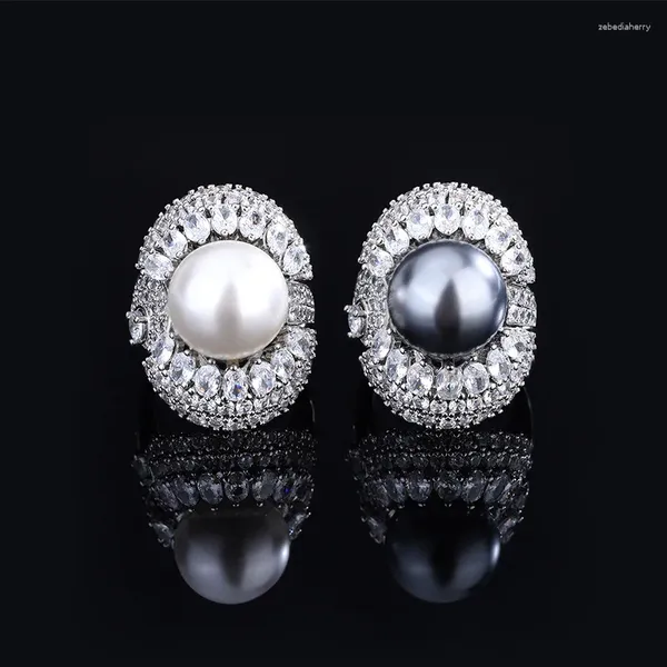 Anneaux de mariage Luxary Brillant Bijoux Trois Couches Zircon Cubique 14mm Blanc Gris Perle Bague Réglable Pour Les Femmes