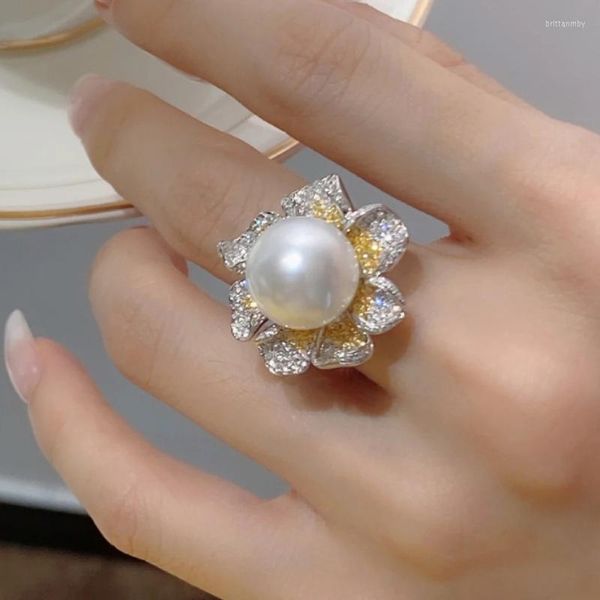 Anneaux de mariage luxe grande perle fleur réglable pour les femmes laboratoire diamant bande Cocktail fête bijoux fins breloques cadeau élégant