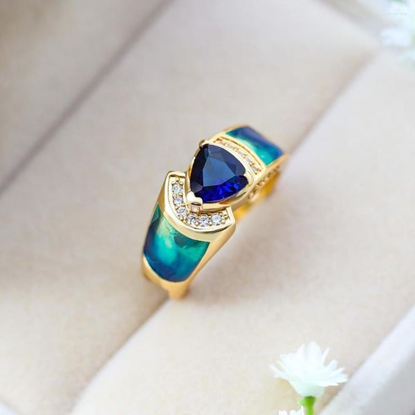 Anillos de boda de lujo de cristal azul anillo de piedra de circón masculino femenino joyería de oro amarillo promesa gran compromiso para hombres y mujeres