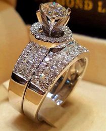 Bagues de mariage luxe cristal diamant femelle big queen set mode 925 argent nuptial pour les femmes promet un engagement d'amour avec la boîte 23ess