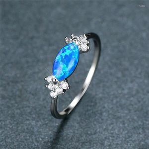 Anillos de boda de lujo cristal blanco circón anillo de compromiso Boho Color plata fino azul ópalo piedra ovalada caramelo para fiesta de mujeres