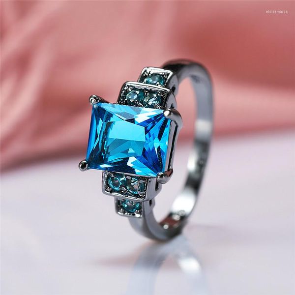 Anneaux de mariage de luxe femme grande pierre bleue bague vintage or noir pour les femmes promettent amour carré fiançailles