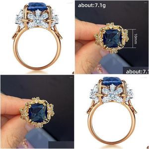 Anneaux de mariage Luxury Femelle Big Square Bleu Zircon Ring Gold Couleur pour les femmes Charme Blanc White Flower Flower Engagement Bijoux Drop délivre dhnvg