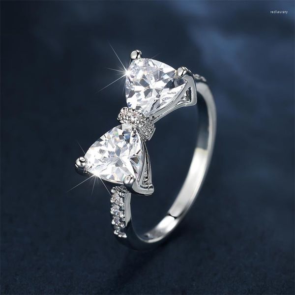 Anillos de boda de lujo para mujer, bonito anillo con lazo, Color plateado para mujer, joyería de compromiso de piedra de cristal blanco