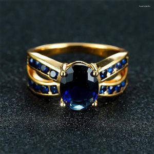 Wedding Rings Luxe vrouwelijke kristalblauwe stenen verlovingsring charme geel goud kleur zirkoon sieraden voor vrouwen