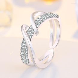 Anillos de boda de lujo para mujer, anillo abierto geométrico de cristal, oro rosa, Color plateado, encanto de compromiso, piedra de circón blanco para mujer