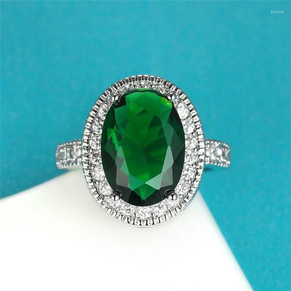 Anneaux De Mariage De Luxe Femelle Vert Pierre Ensemble Anneau Classique Argent Couleur Cristal De Fiançailles Pour Les Femmes