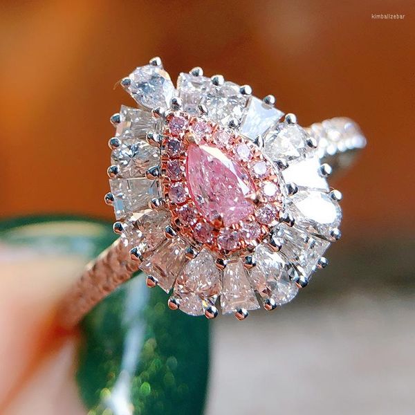 Anneaux De Mariage De Luxe Femme Rose Goutte D'eau Incrustation Éblouissante Cristal Zircon Anneau Ouvert Pour Les Femmes Éternité Bijoux Cadeaux D'anniversaire