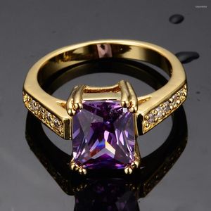 Anneaux de mariage de luxe femme violet carré cristal bague vintage jaune or pour les femmes promettent grand zircon pierre fiançailles