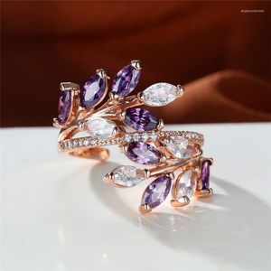 Anneaux de mariage Luxury Femelle Purple Zircon Stone Open Ring Promed Rose Gold Color Engagement Vintage pour les femmes