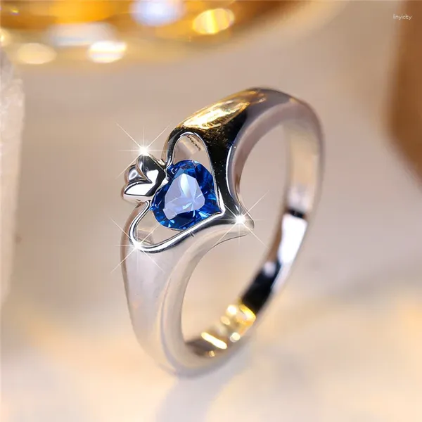 Anillos de boda de lujo para mujer, anillo de compromiso de piedra de circón redondo azul pequeño, Color oro rosa, joyería de novia, regalo para mujer