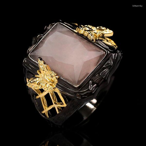 Anillos de boda de lujo femenino cuadrado piedra hueco anillo encanto 14kt oro negro para mujeres vintage mariposa compromiso grande