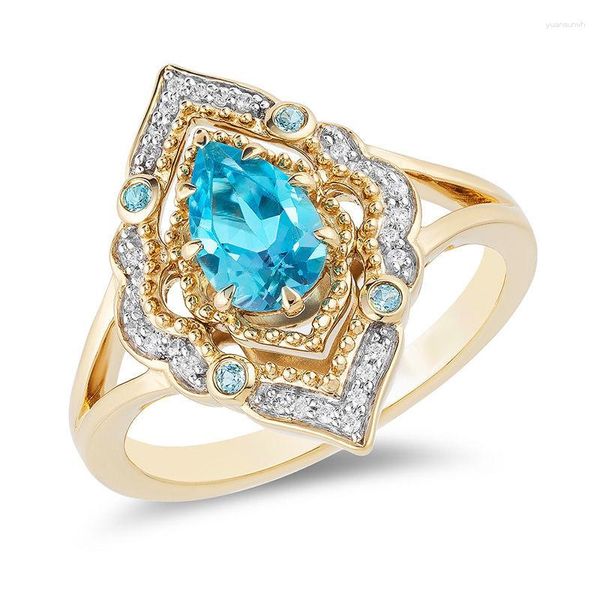 Anillos de boda de lujo para mujer, anillo de cristal con forma de gota de agua, Color dorado delicado, grande para mujer, compromiso de circón azul agua Vintage