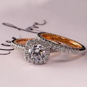 Anneaux de mariage de luxe femme cristal blanc pierre bague ensemble or argent couleur amour pour les femmes mignon carré zircon fiançailles