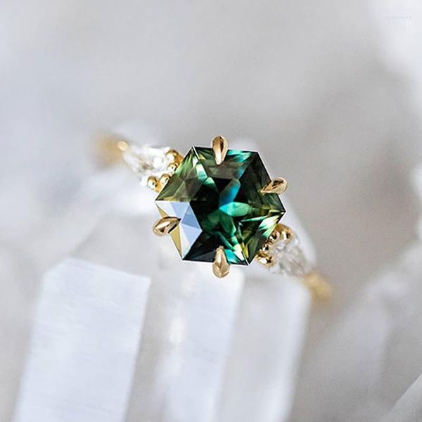 Anneaux de mariage de luxe vert pierre anneau Zircon mariée plaqué or pour les femmes femme fête bijoux accessoires de mode cadeaux