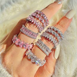 Anillos de boda Amor de lujo princesa mujer plata de ley 925 corazón rosa circonita ovalada ajuste de punta anillos de compromiso de boda para mujer caja de regalo de joyería de diamantes
