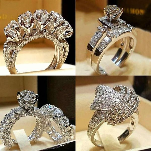 Anillos de boda de lujo masculino femenino cristal circón anillo de piedra vintage 925 conjunto de plata promesa compromiso para hombres y mujeres2576