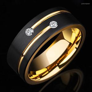 Anneaux De Mariage De Luxe Hommes 8mm Noir En Acier Inoxydable Or Couleur Anneau Cristal Bande Pour Hommes Fête De Fiançailles Bijoux Cadeau En Gros