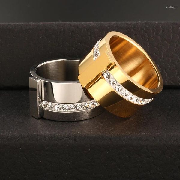 Anillos de boda de lujo de una fila de circonio cúbico ancho para Mujer, Color plata, acero inoxidable, anillo de dedo femenino, bandas para Mujer