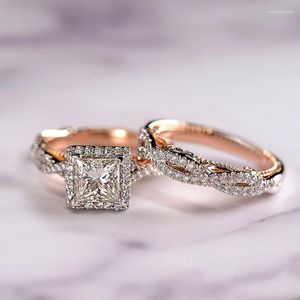 Anillos de boda Luxury Princess Cut White Zircon Square Ring Ring For Women Silver Rose Gold Color Sets Promise Engagemy Jewelry