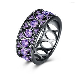 Trouwringen Luxe belofte Ring Sieraden Zwart Gun kleur Purple Cubic Zirconia Hollow Women Betrokkenheid voor bruidsaccessoires