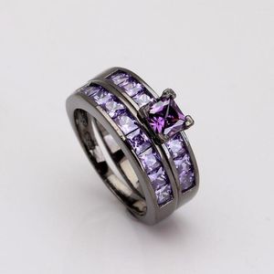 Anneaux de mariage Luxury Purple Black Ring Ensembles pour les femmes Gift 2023 Vintage Pink CZ Engagement Bijoux 6 mm carré 6-10