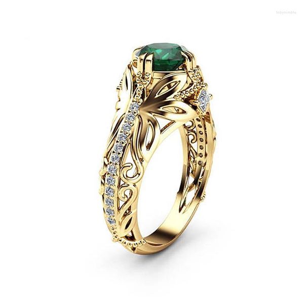 Bagues de mariage de luxe rétro en or, motif ajouré pour femmes, incrustation de pierre CZ verte brillante, bijoux à la mode, cadeau de fête