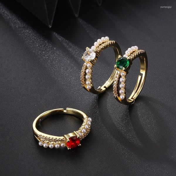 Alianças de casamento de luxo retrô personalizado colorido anel de pérola de zircônio banhado a ouro 18k cristal de aço inoxidável aberto para mulheres