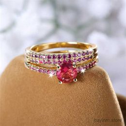 Wedding Rings Luxe Rose Red Blue Purple Green Stone Wedding Bands Antieke goudkleurpaar verlovingssets voor vrouwen Moederdaggeschenken