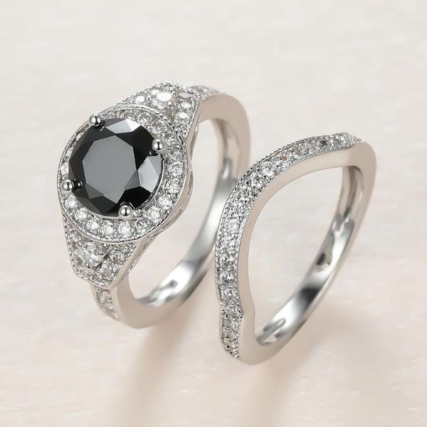 Anneaux de mariage de luxe rond noir pierre bague ensemble couleur argent Vintage empilage Couple pour femmes Zircon bandes cadeaux de fête des mères