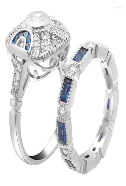 Bagues de mariage Luxury Royal Blue cubic Zirconia Ring Set Femme Femme Exagérée Micro Pave Bands Cocktail de fiançailles pour femmes8208534