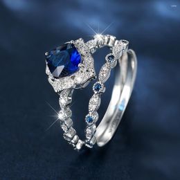 Trouwringen Luxe Royal Blue Stone Vierkante Bruidssets Zilver Kleur Stapelen Paar Engagement Voor Vrouwen Zirkoon Bands Sieraden