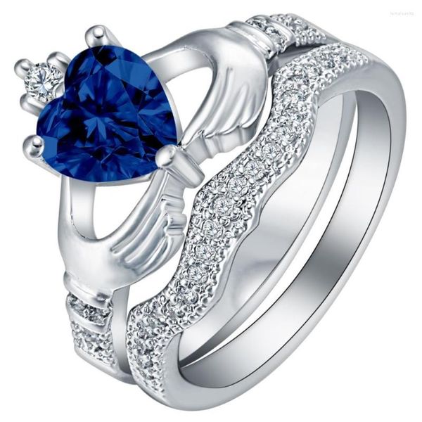 Anneaux De Mariage De Luxe Bleu Royal Zircone Pierre Argent Plaqué Ensemble Pour Les Femmes Fiançailles Saint Valentin Cadeau Couronne Coeur Cristal Fine Jewelry